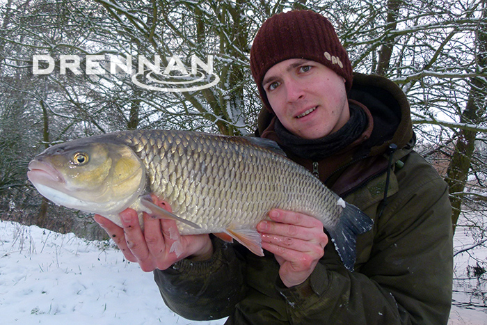 Drennan’s Ian Brooker with yet another quality fish – a 5lb Kennet Chub caught in the snow last week.