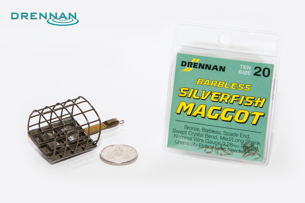 Drennan Mini Stainless Oval Cage Feeder with the Silverfish Maggot hooks