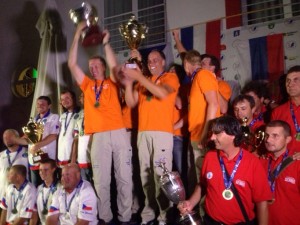 The Netherlands celebrate their team gold in Croatia, flanked by Serbia and the Czech Republic. 