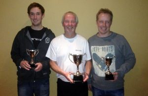 Festival winner Harry Billing (centre) with Andy Power (left) and Adam Wakelin.
